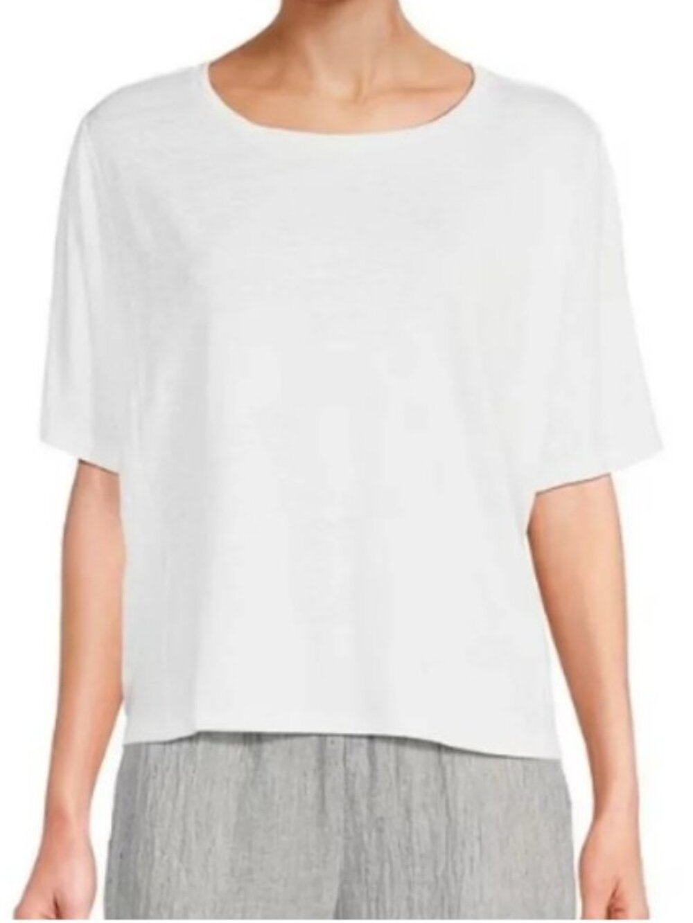 Eileen Fisher Organic Linen Boxy Fit Short sleeve cropped  white top, size M